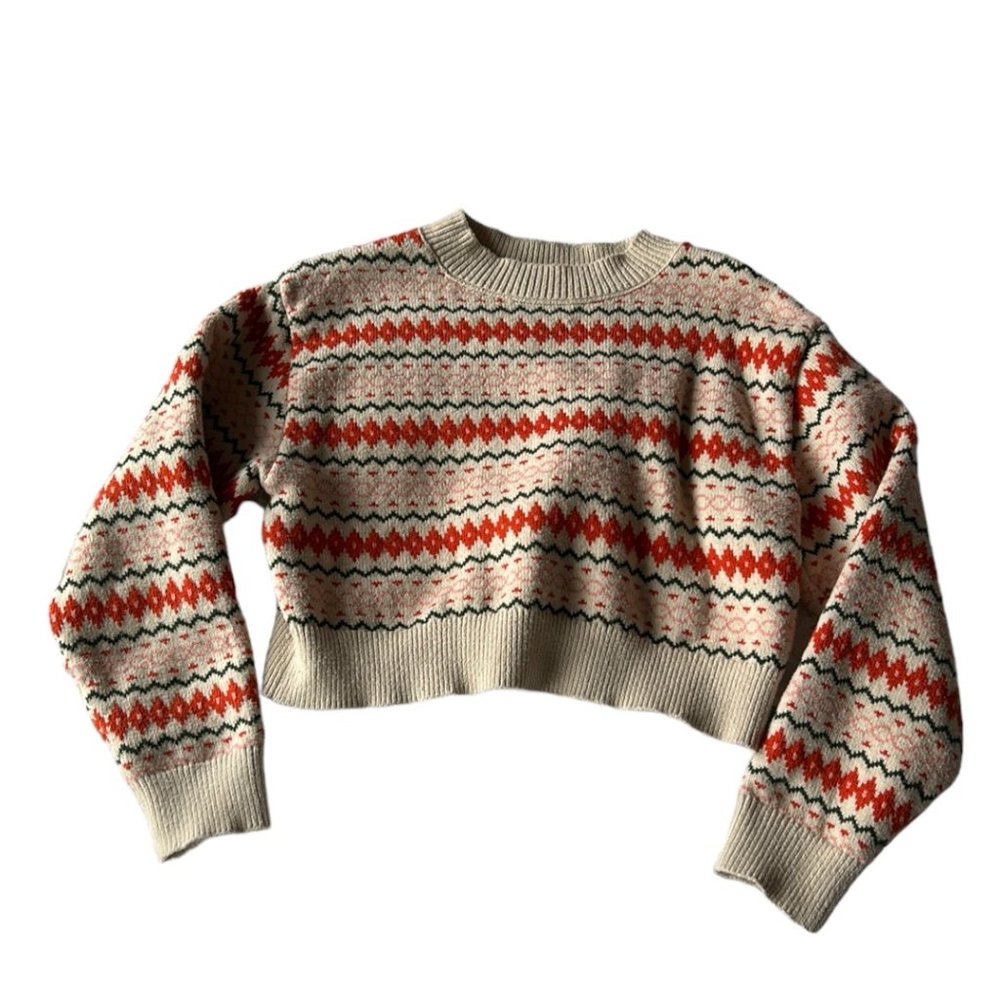 Sunday Best Cropped Fair Isle Sweater, Cream and Orange, Size M
